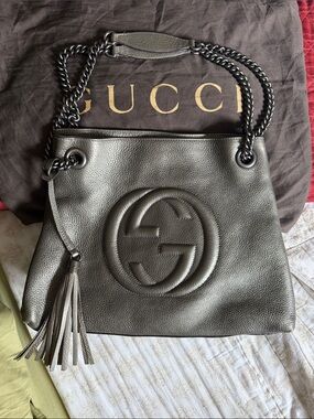 Gucci Gray Pebbled Leather Shoulder Tote with Tassel Detail